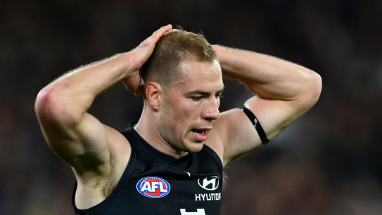 Harry McKay catches his breath during Carlton’s round 13 loss to Essendon.
