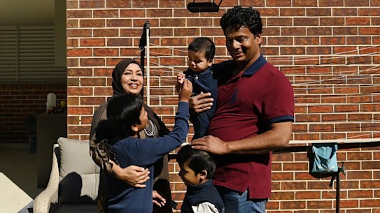 Mohammed Islam (2nd from right) with his wife Afsana Fardousb(2nd from left) with their sons Diyan Islam 4yrs (3rd from right), Shayan Islam 8yrs (left) and Sinan Islam 6 months(2nd from right) in their backyard of their home in Hurstville,