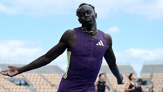 Gout Gout claims victory in the under-20 100 metres at the Queensland athletics championships on Saturday.