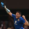CARDIFF, WALES - MARCH 19: Italy centre Juan Ignacio Brex is lifted high by Toa Halafihi during the celebrations after the Six Nations Rugby match between Wales and Italy at Principality Stadium on March 19, 2022 in Cardiff, Wales. (Photo by Stu Forster/Getty Images)