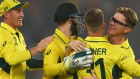 Adam Zampa celebrates the wicket of Moeen Ali with David Warner.