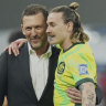 Australia’s head coach Tony Popovic, left reacts with Australia’s Jackson Irvine after winning a World Cup 2026 group C qualifier match against China held at the Hangzhou Olympic Sports Centre Stadium in Hangzhou, in eastern China’s Zhejiang province, on Tuesday, March 25, 2025. (AP Photo)