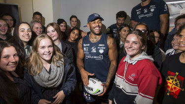 Melbourne Storm's Josh Addo-Carr spoke to students about leadership and his life in footy at AAMI Park yesterday.