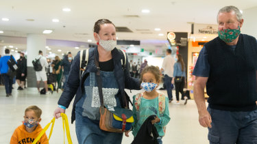 Brenda and Paul Heseltine, daughter Alison and grandchildren Ailani and Patrick at Melbourne Airport.