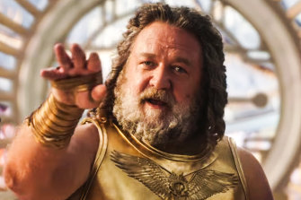 Russell Crowe as Zeus in Taika Waititi’s Thor: Love and Thunder.