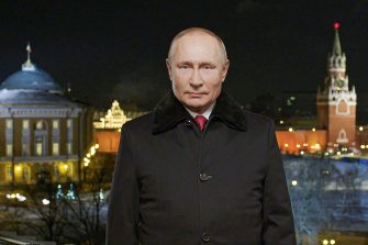 Russian President Vladimir Putin giving his New Year’s address from the Kremlin. 