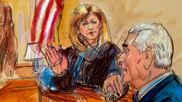 Courtroom sketch of former campaign adviser for President Donald Trump, Roger Stone, talking from the witness stand as Judge Amy Berman Jackson listens during a court hearing last year.