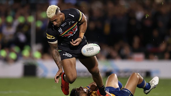 Viliame Kikau appears to lose the ball  forward before a crucial first-half try to the Panthers.