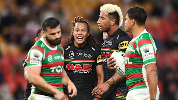 Luai enjoys a handling error by former teammate Josh Mansour before the Rabbotoh’s injury.