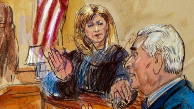 Courtroom sketch of former campaign adviser for President Donald Trump, Roger Stone, talking from the witness stand as Judge Amy Berman Jackson listens during a court hearing last year.