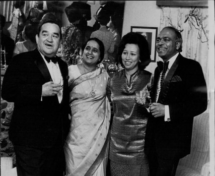 Fuad Stephens (left) photographed in 1973 at his farewell party from Canberra after serving six years there as Malaysia’s high commissioner to Australia.