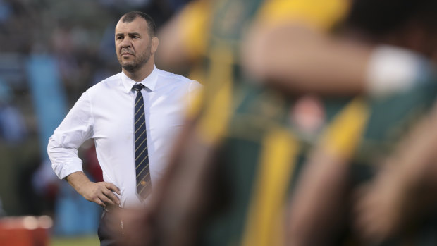 Spray: Wallabies coach Michael Cheika was seen giving the players a serve at half-time.