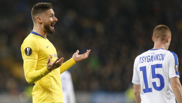 Chelsea's Olivier Giroud celebrates scoring against Dynamo Kiev.