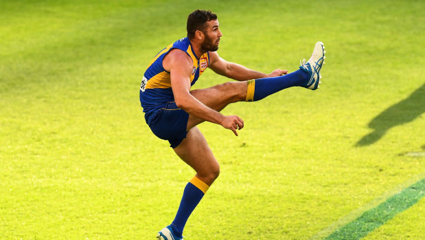 West Coast’s Jack Darling kicks a goal against Fremantle in round seven this year. 