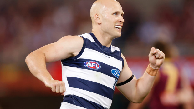 Geelong's Gary Ablett celebrates a goal in his team's victory over Brisbane in the second preliminary final.