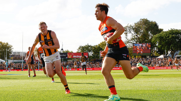 GWS star Toby Greene during the Giants’ narrow Gather Round win over Hawthorn at Norwood Oval.
