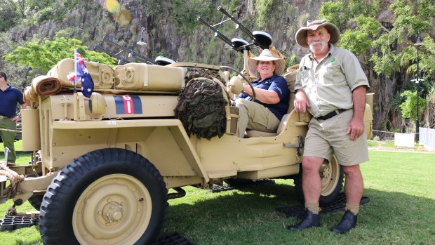 Wynnum residents Jeff and Jenny Jackson shared their love for military vehicles at Howard Smith Wharves, displaying a 1942 jeep, truck and motorbike.