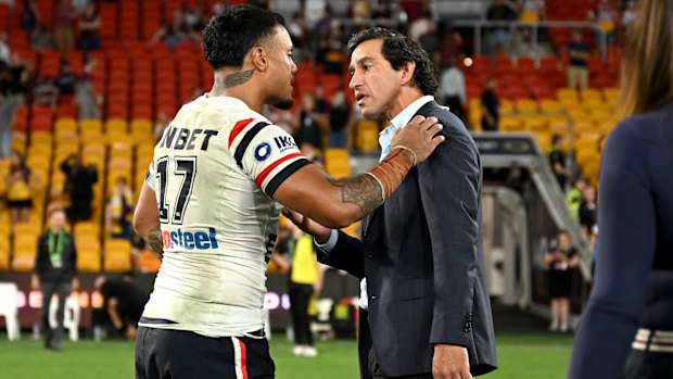 Spencer Leniu and Johnathan Thurston on Friday night.
