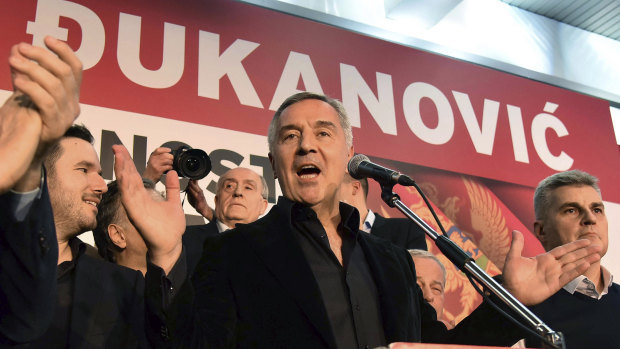 Montenegro's former prime minister and long-ruling Democratic Party of Socialists leader Milo Djukanovic speaks during a celebration after presidential elections in Montenegro's capital, Podgorica, on Sunday.