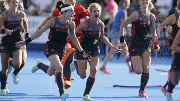Netherlands players celebrate after winning the semi-final shootout against Australia at  the World Cup in London on Saturday.