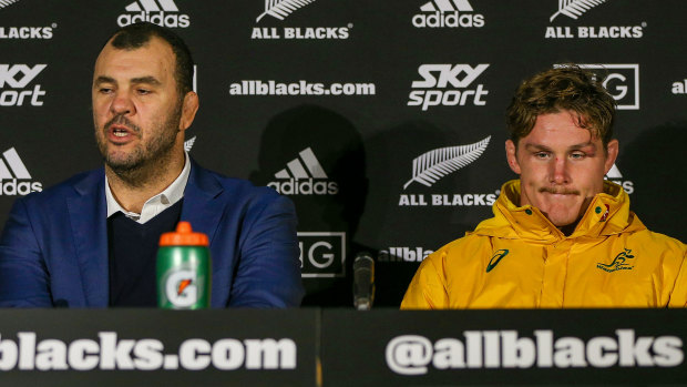 A week's a long time in rugby: Michael Cheika and Michael Hooper front the media after the Wallabies' emphatic loss.