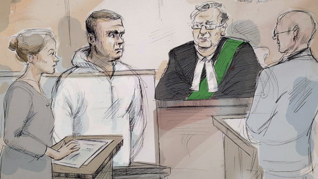 Duty counsel Georgia Koulis, from left, Alek Minassian, Justice of the Peace Stephen Waisberg, and Crown prosecutor Joe Callaghan appear in court in Toronto. Minassian ran a van into a crowded sidewalk.