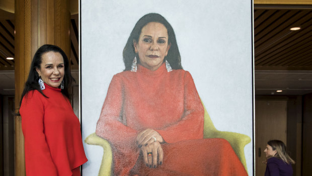 Labor MP Linda Burney with her official portrait by the artist Jude Rae.