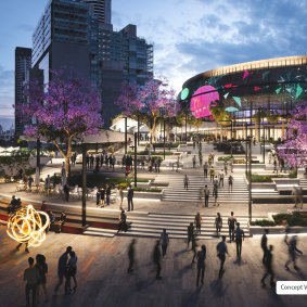 An artist’s impression of the Brisbane Live entertainment precinct above the new Roma Street station.