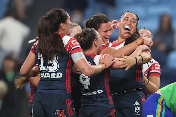 The Roosters celebrate Rima Butler’s try.