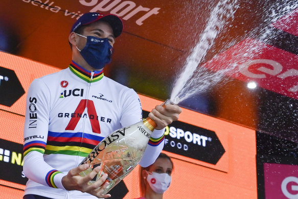 Filippo Ganna celebrates winning the 14th stage of the Giro.
