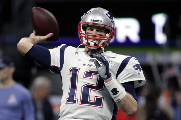 Tom Brady warms up before a New England Patriots game in February 2019.