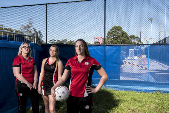 Leichhardt Wanderers Netball Club secretary Jenny Baker, with her daughters Hannah and Maddie, is among residents furious new sports courts will be closed for at least six months for construction of the WestConnex motorway. 