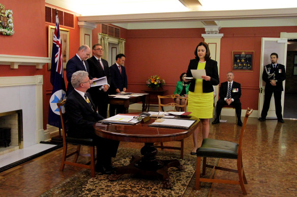 Annastacia Palaszczuk being sworn in as Queensland premier in February, 2015.