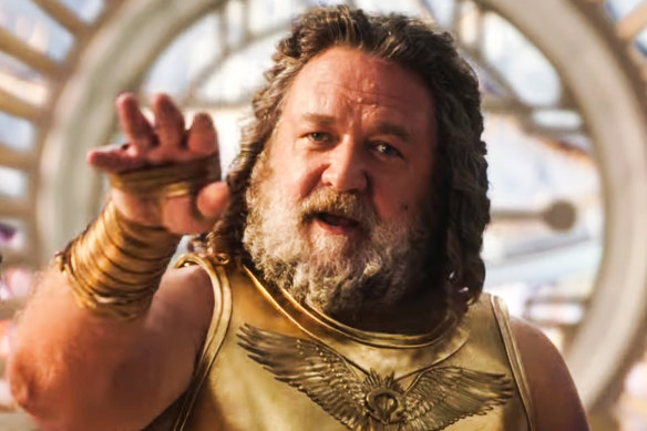 Russell Crowe as Zeus in Taika Waititi’s Thor: Love and Thunder.