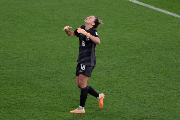 Australia’s Mackenzie Arnold was dejected after missing a penalty during the penalty shootout.