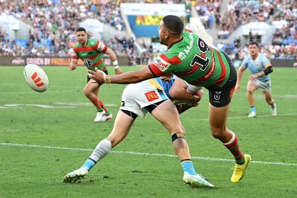Latrell Mitchell had two nice touches in Tallis Duncan’s first try against the Titans on Saturday in his long-awaited return.