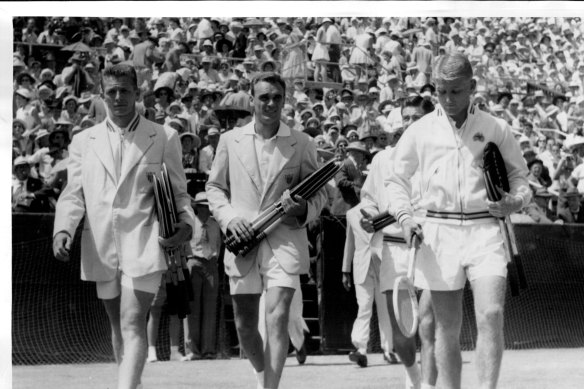 Legends of the day: Americans Tony Trabert and Vic Seixas, and Australia's Ken Rosewall and Lew Hoad, before their Davis Cup clash at White City in 1954.