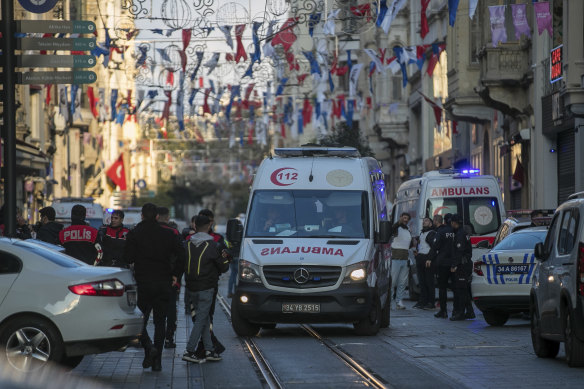 Security and ambulances at the scene of the explosion.