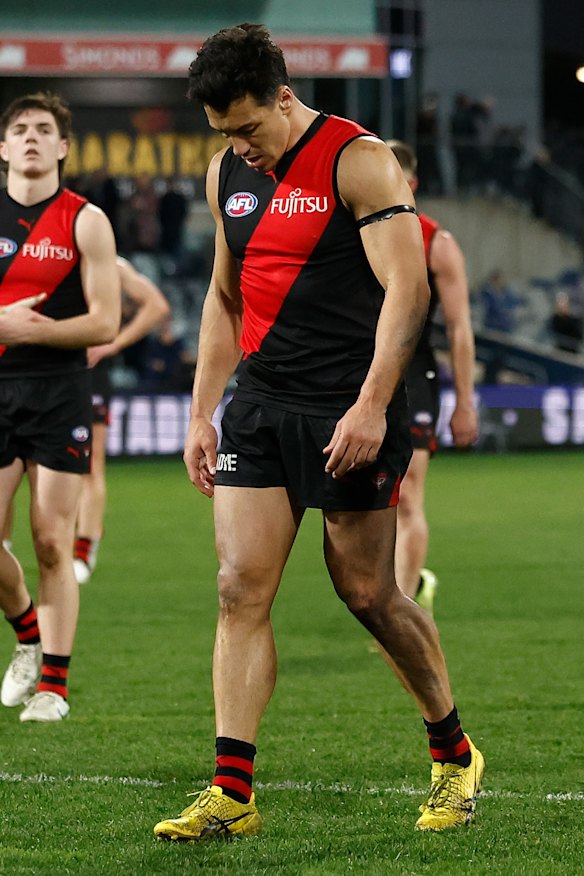 Dylan Shiel looks dejected after the loss in Geelong.