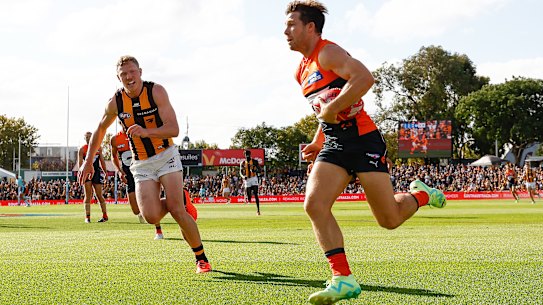 GWS star Toby Greene during the Giants’ narrow Gather Round win over Hawthorn at Norwood Oval.