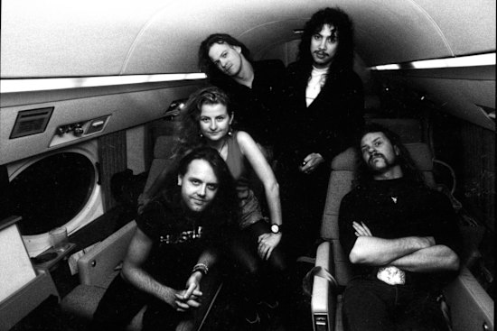 Robyn Doreian with Metallica on their Learjet in 1992.