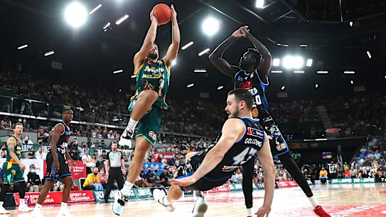 Sam McDaniel drives to the basket for the JackJumpers.