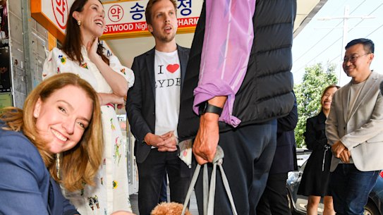 Opposition Leader Kellie Sloane, new in the job, on her street walk on Tuesday in Eastwood, in NSW’s most marginal (Liberal-held) seat. 
