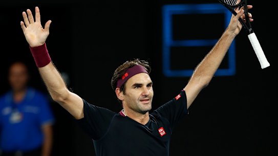 Roger Federer celebrates his epic win.