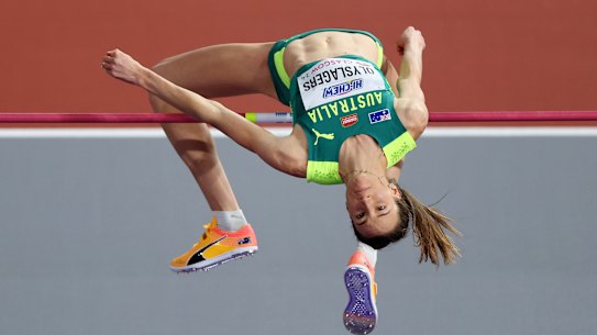 Nicola Olyslagers soars in the high jump final at the world athletics indoor championships in  March.