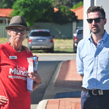 Labor’s Dawesville candidate Lisa Munday and Opposition Leader Zak Kirkup at a pre-polling station in Falcon on Tuesday.