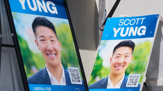 Liberal A-Frames for Bennelong candidate Scott Yung outside his campaign launch on Saturday. 