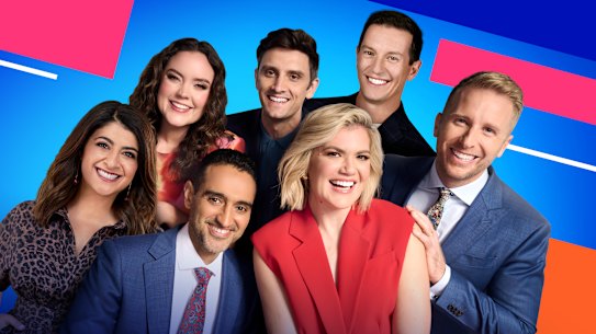 The Project (clockwise from left): Susie Youssef; Georgie Tunny, Sam Taunton, Rove McManus, Hamish Macdonald; Sarah Harris and Waleed Aly. 