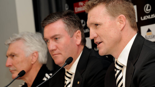 Eddie McGuire with Nathan Buckley in 2009. McGuire orchestrated the succession plan from Mick Malthouse (far left) to Buckley.