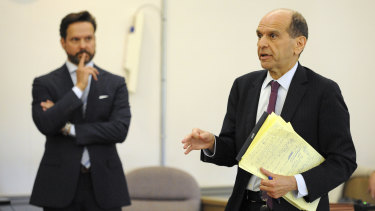 Kevin Spacey's attorney Alan Jackson, left, listens to the accuser's attorney, Mitchell Garabedian during a hearing in Nantucket District Court Monday, July 8, 2019.